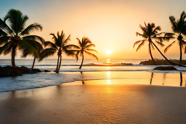 Palmeras en una playa al atardecer