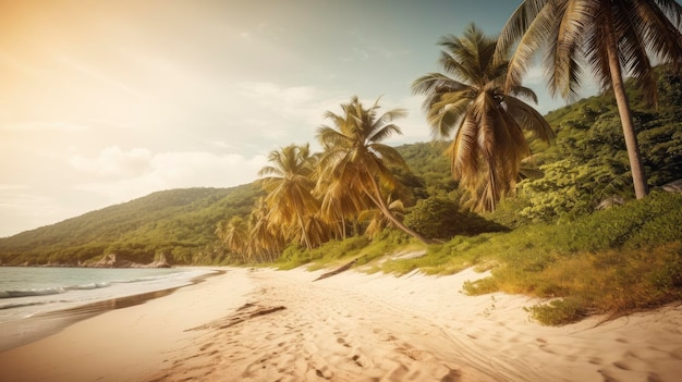 Palmeras en una playa con un atardecer de fondo