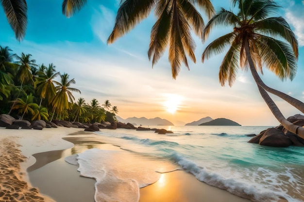 Palmeras en una playa con un atardecer de fondo