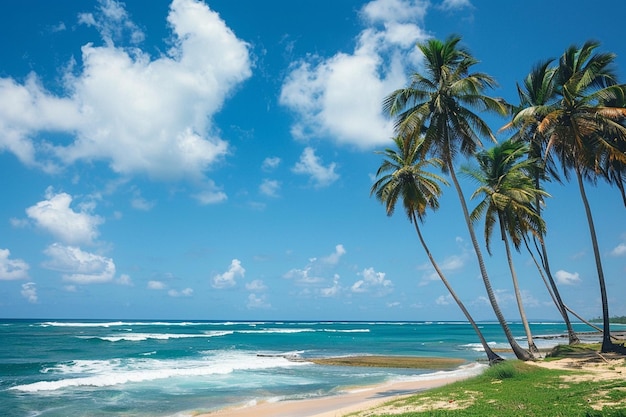 Foto palmeras en la playa con un cielo azul y el océano en el fondo