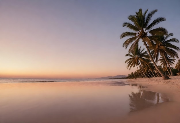 Palmeras en una playa durante la puesta de sol con agua tranquila y un cielo despejado