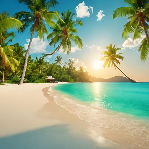 palmeras en una playa con una puesta de sol en el fondo