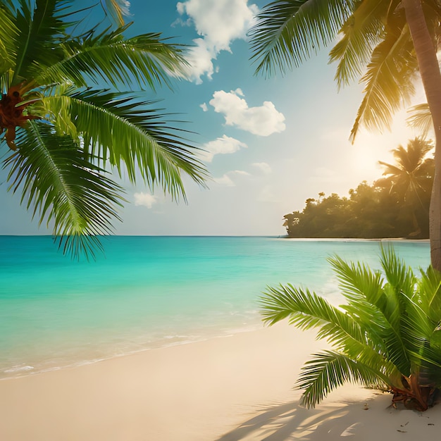 palmeras en una playa con una puesta de sol en el fondo