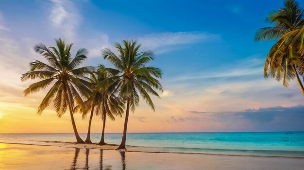 palmeras en una playa con una puesta de sol en el fondo