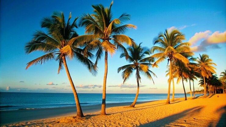 palmeras en una playa con un sol poniéndose detrás de ellos