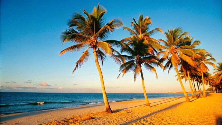 palmeras en una playa con un sol poniéndose detrás de ellos