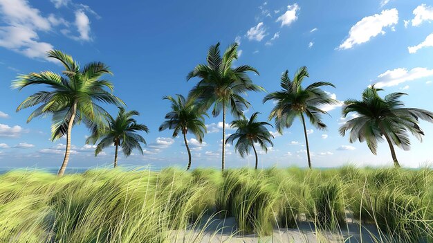 Palmeras en una playa tropical con arena blanca y agua azul El cielo está despejado con algunas nubes blancas