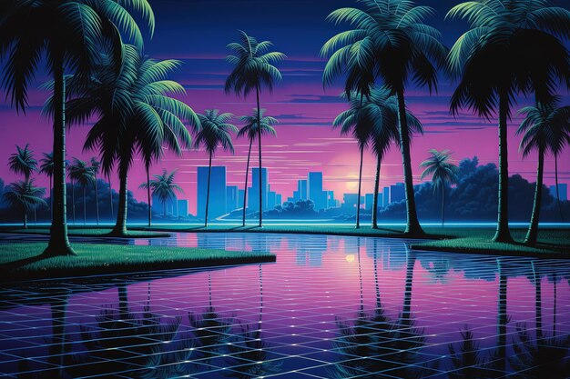 las palmeras se reflejan en el agua con una puesta de sol púrpura