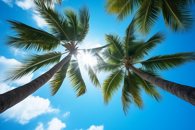 Palmeras tropicales bajo un cielo azul y el sol en un día soleado