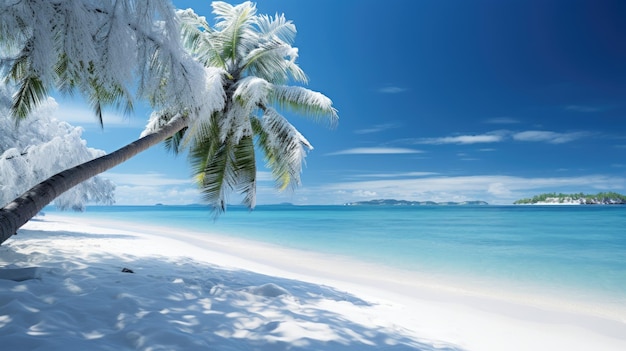 Palmeras tropicales en la nieve blanca en la playa de arena contra el cielo azul cuento de invierno de Navidad cambio climático global