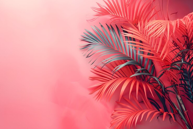 Palmeras tropicales vibrantes contra un fondo rosado suave