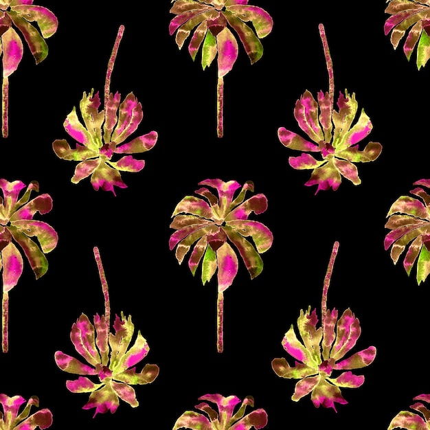 Palmmuster. Exotische Aquarelle nahtloses Muster. Hawaiian Tropical Print. Schwimmkleidungsdesign mit Palmen. Exotisches Blatt Rapport. Aquarell botanischer nahtloser Hintergrund. Bananen- und Kokosnussbäume.