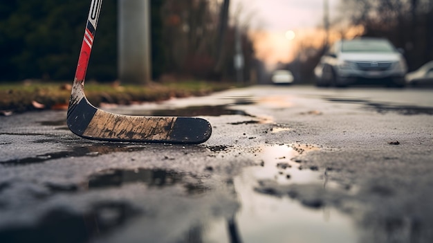 Foto palo de hockey y disco en un camino de entrada suburbano