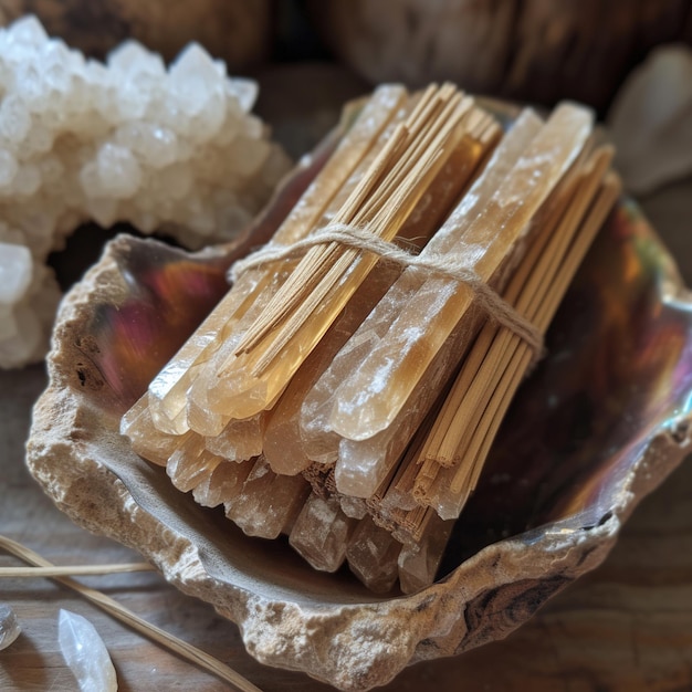Palo Santo-Sticks mit klaren natürlichen Kristallen in Meeresmuscheln Meditation Aromatherapie Gesundheitskonzept