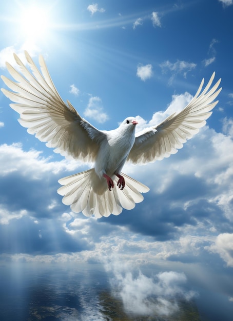 Foto paloma en el aire con las alas abiertas frente al sol