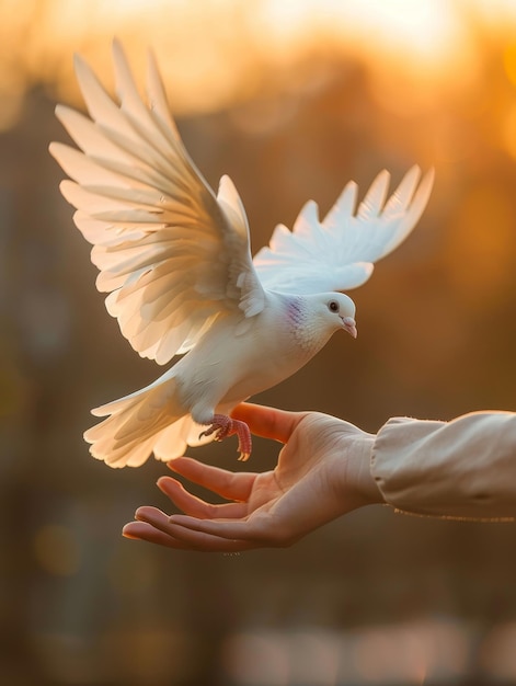 Foto una paloma blanca asciende de una mano humana iluminada por un bosque bañado en luz dorada la imagen simboliza la esperanza y la conexión con la naturaleza