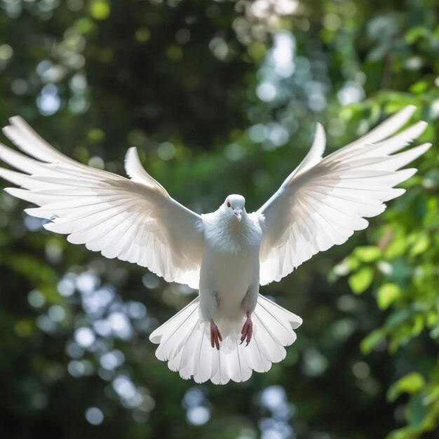 una paloma blanca con una cola azul está volando en el aire.