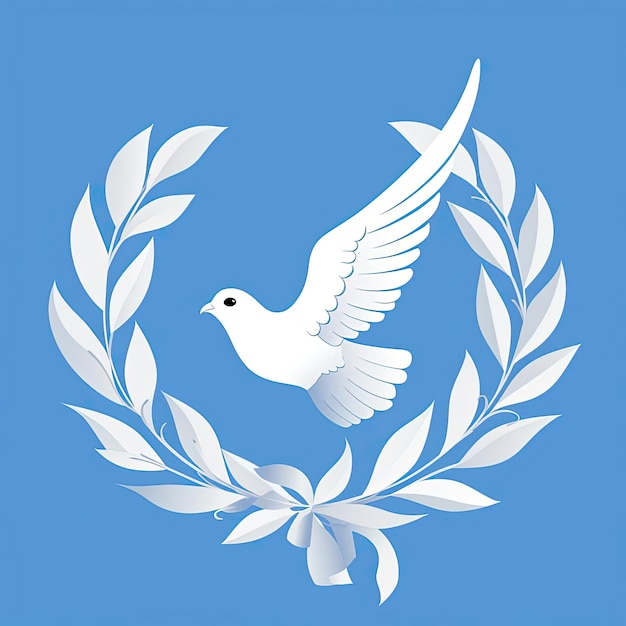 Foto paloma blanca con corona de laurel en imagen vectorial azul en el estilo de la mentalidad social