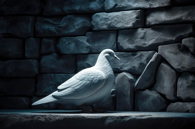 Una paloma blanca se encuentra en una repisa frente a un muro de piedra.