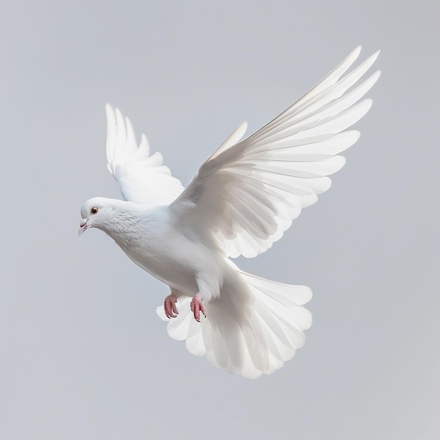 una paloma blanca con una mancha roja en su cola está volando en el aire