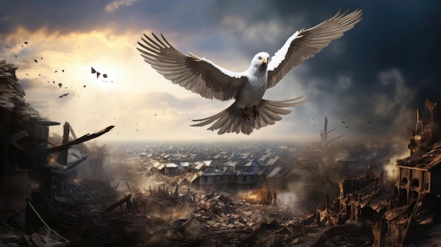 La paloma blanca de la paz sobrevuela la ciudad bombardeada Concepto de guerra IA generativa