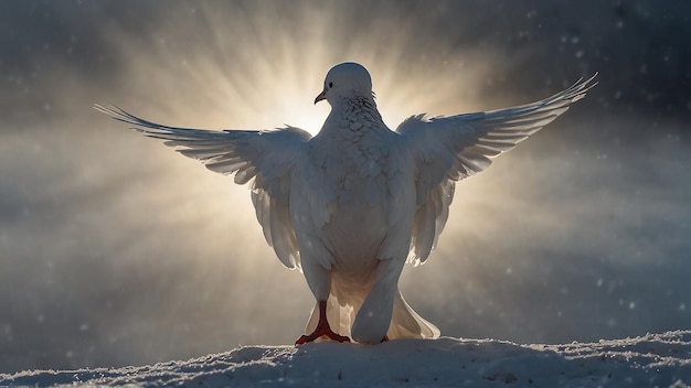 paloma blanca de pie en la nieve con el sol detrás de él