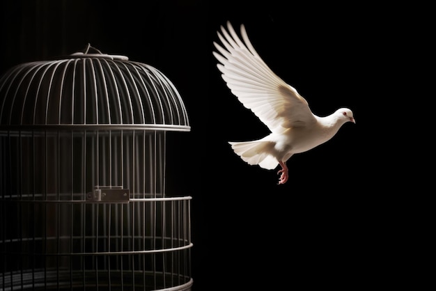 La paloma blanca en pleno vuelo deja con gracia su jaula de metal sobre un fondo negro que simboliza la libertad