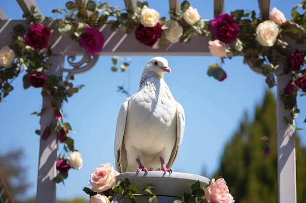 Paloma blanca posada sobre un arco de boda