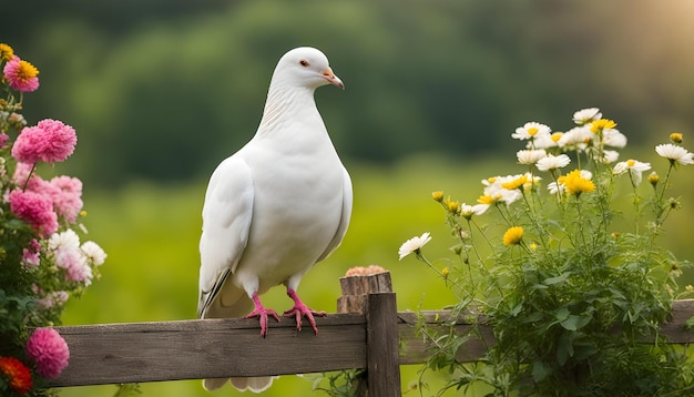 Foto una paloma blanca está posada en una valla de madera con flores en el fondo