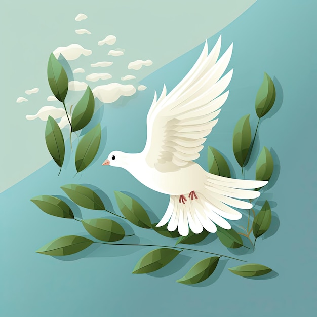 una paloma blanca con una rama de olivo volando al estilo de superflat