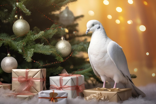 Paloma blanca con regalos en el fondo de un árbol de Navidad