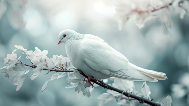 Una paloma blanca resplandeciente posada en una rama que representa la naturaleza pacífica y gentil de los ángeles