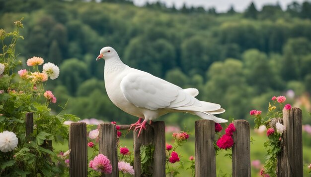 Foto una paloma blanca se sienta en una valla de madera con flores en el fondo