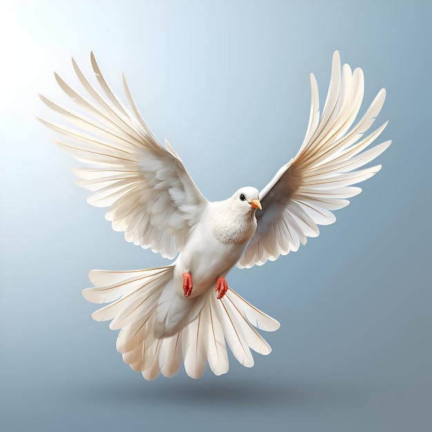 Paloma blanca voladora sobre un fondo azul pájaro volador en 3D