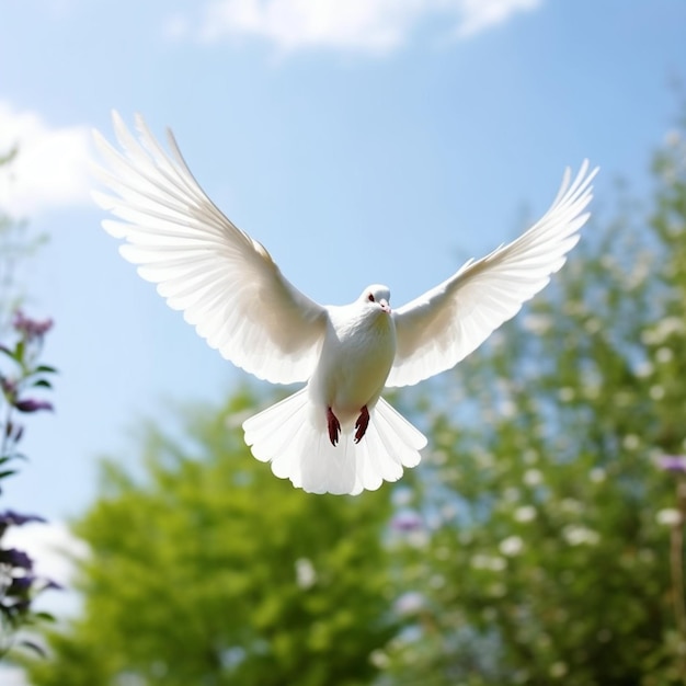 una paloma blanca volando en el aire con un cielo azul en el fondo