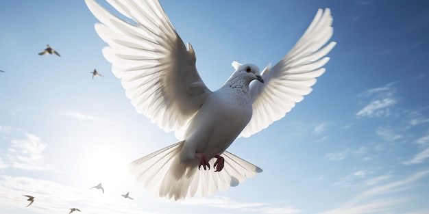 paloma blanca volando detrás del fondo del cielo azul con luz solar en el día soleado con el fondo del lunes