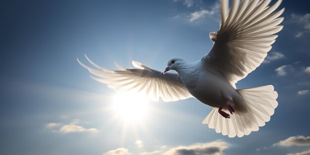 paloma blanca volando detrás del fondo del cielo azul con luz solar en el día soleado