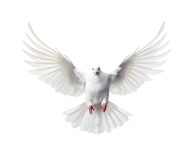 paloma blanca volando libre con vista frontal de alas abiertas aislada en un fondo transparente