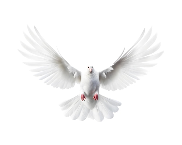 paloma blanca volando libre con vista frontal de alas abiertas aislada en un fondo transparente
