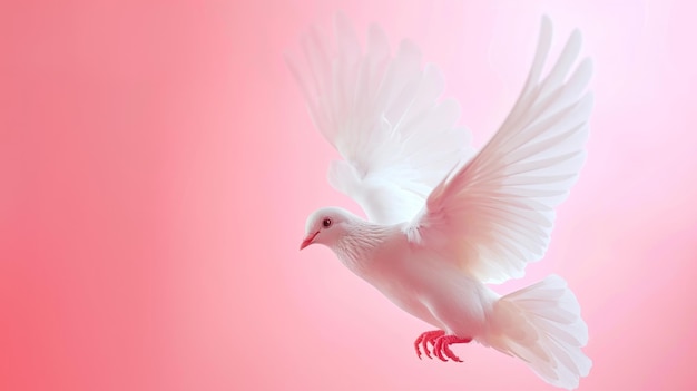 Foto paloma blanca volando sobre un fondo rosado copiar espacio para el texto