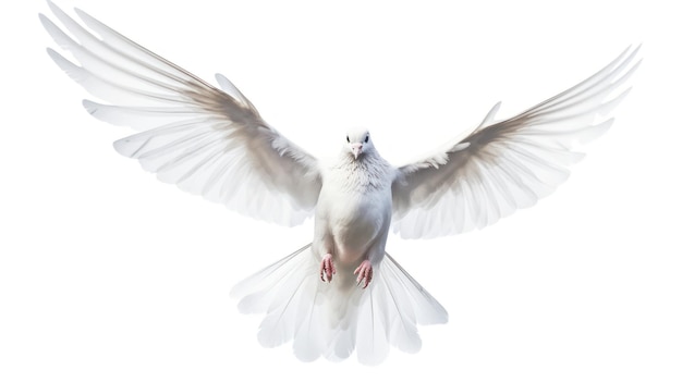 Una paloma blanca vuela en el aire con las alas extendidas.