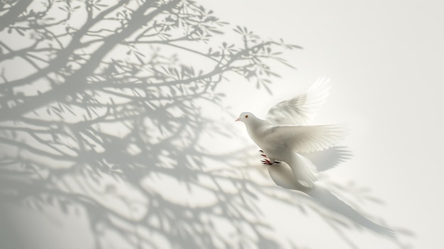 Paloma blanca en vuelo con la sombra de las ramas de los árboles en el fondo que simboliza la paz