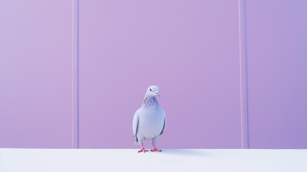 Foto una paloma se para con una mirada inquisitiva en una superficie blanca limpia contra un púrpura pastel