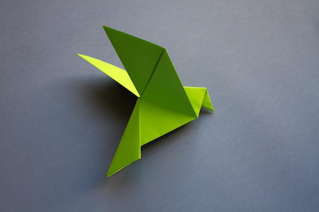 Paloma de papel verde origami aislado sobre un fondo gris