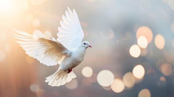 Una paloma símbolo de la paz volando con símbolos de la paz en el cielo para el Día Internacional de la Paz