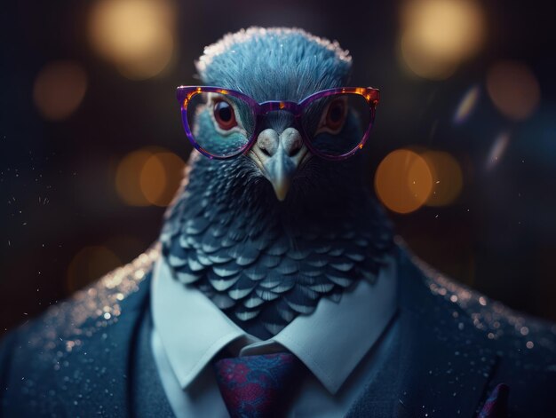 Foto paloma vestida con un traje de negocios y con gafas de cerca retrato