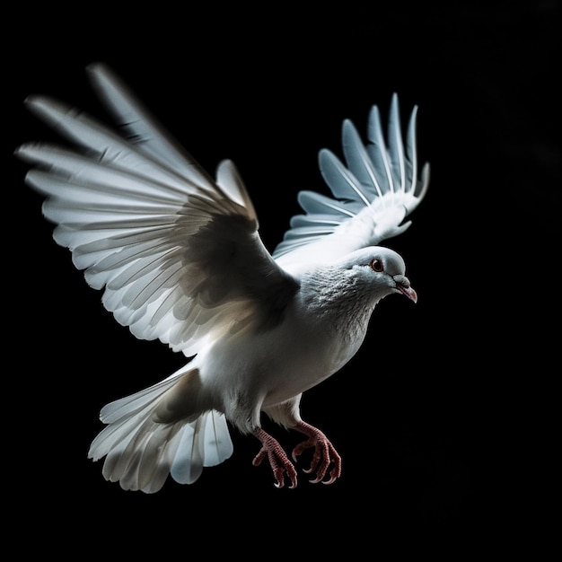 Una paloma volando en el aire con las alas extendidas.