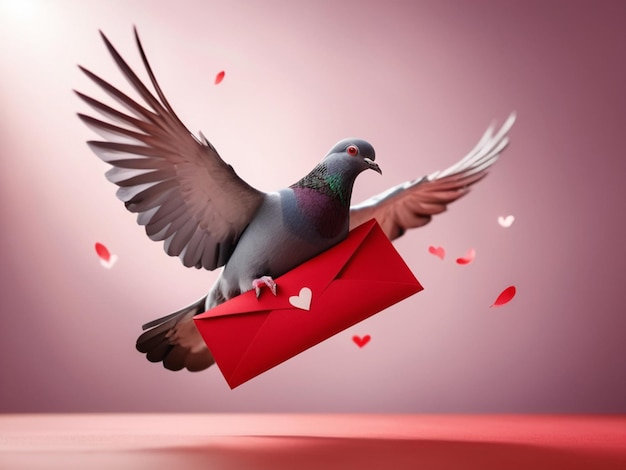 Una paloma volando y con una carta de amor roja