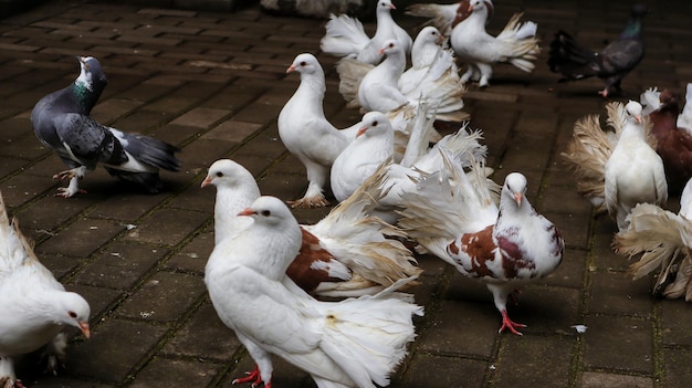 Palomas blancas marrones y negras caminando sobre el ladrillo de hormigón en busca de comida