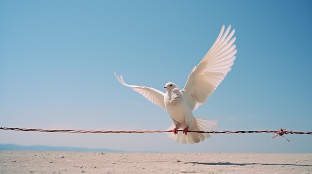 palomas blancas sobre una cuerda sobre un fondo de cielo azul